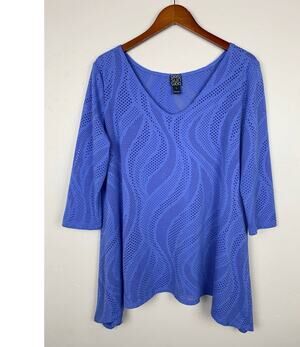 Clara Sun Woo Laser Cut Asymmetrical Tunic Top Perforated Fabric Blue Women's L